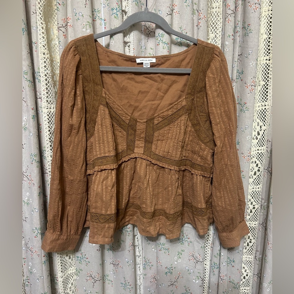 American Eagle Brown Lace Boho Babydoll Top Long Sleeve Size Medium - Picture 2 of 6